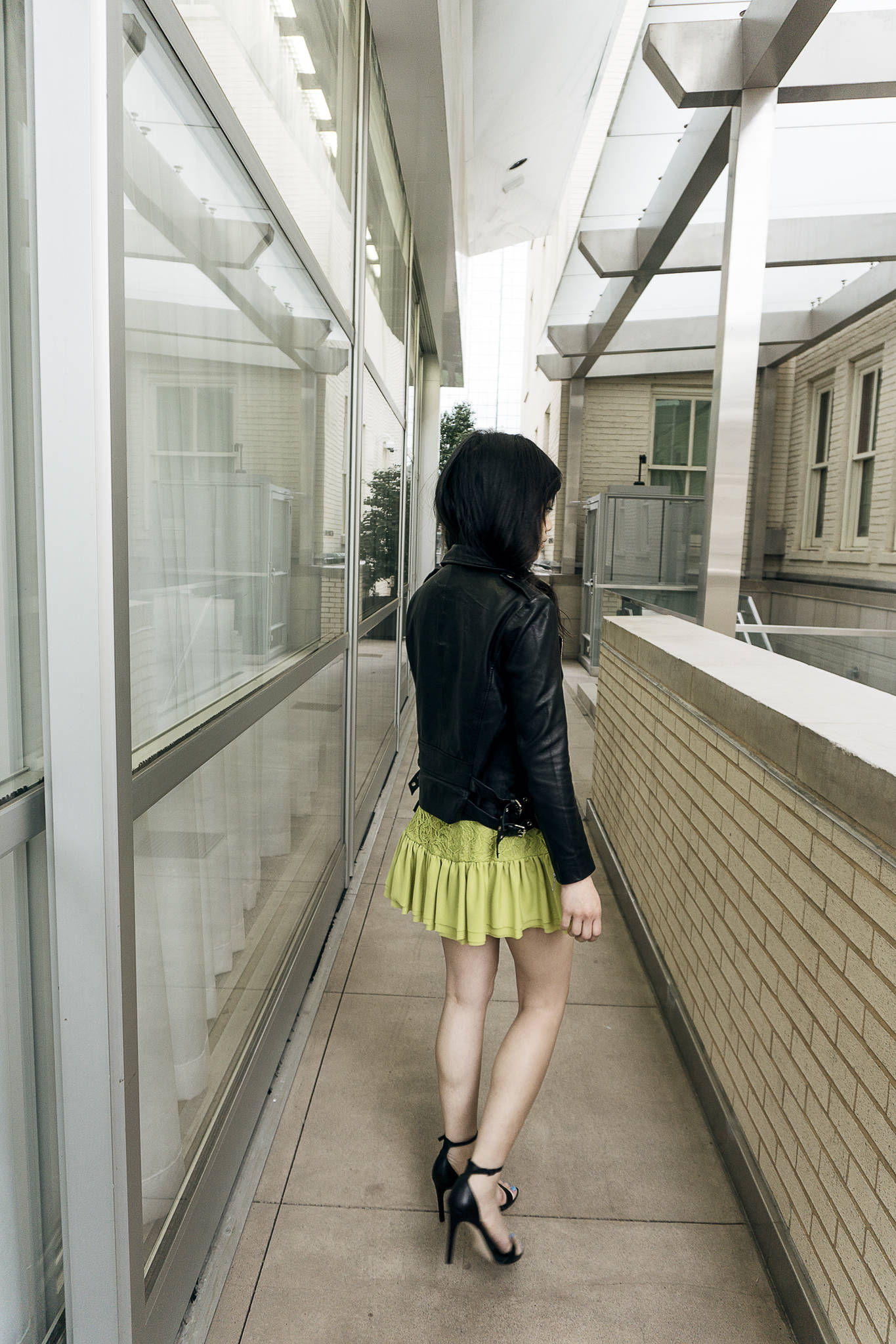 leather jacket and dress outfit