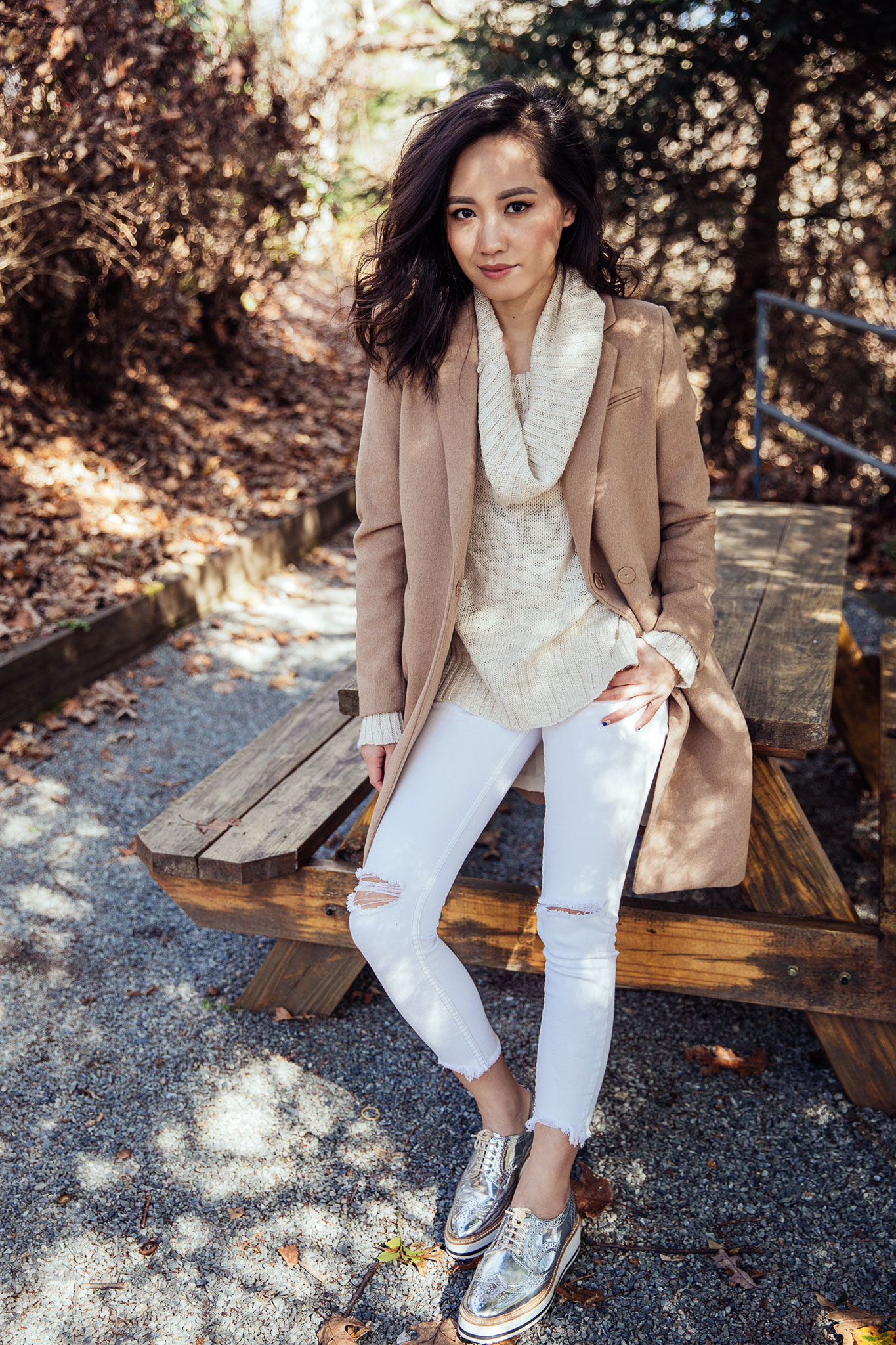 Fall Outfit - Camel Coat with Cowl Neck Sweater and White Jeans | le-jolie.com