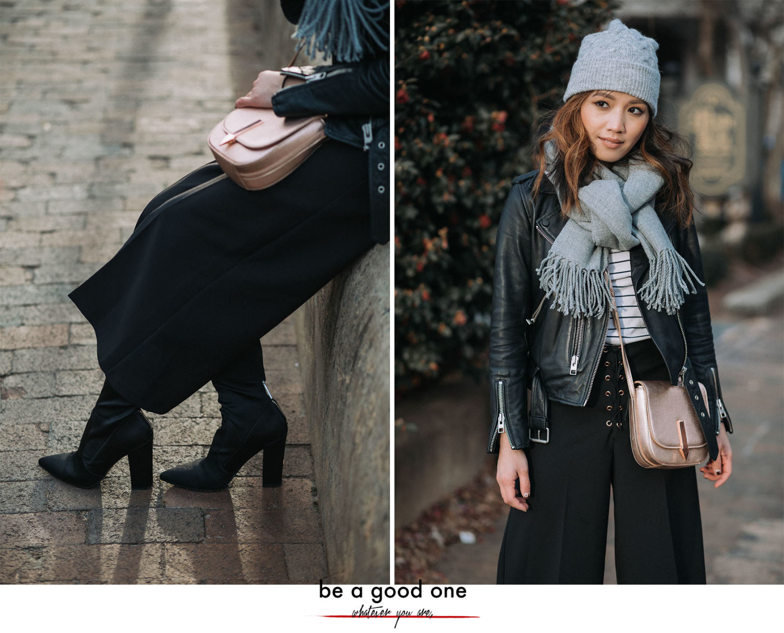 Blogging Essentials: How to Nail Your Personal Brand | LE-JOLIE.COM | winter outfits, layered winter look, street style fashion, winter street style, fashion blogger street style, charlotte fashion blogger, all saints balfern leather jacket, rosegold bag, blogging tips, blogging advice, sock booties, detail shot, sock boots trend