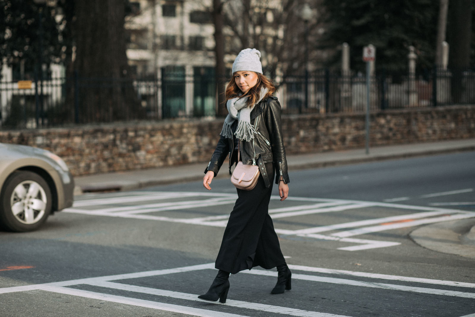 Blogging Essentials: How to Nail Your Personal Brand | LE-JOLIE.COM | winter outfits, layered winter look, street style fashion, winter street style, fashion blogger street style, charlotte fashion blogger, all saints balfern leather jacket, leather moto jacket, dolce vita sock booties, satin booties, karen walker bag, metallic bag, layered look, breton top, stripe top, blogging tips, helpful blogging advice