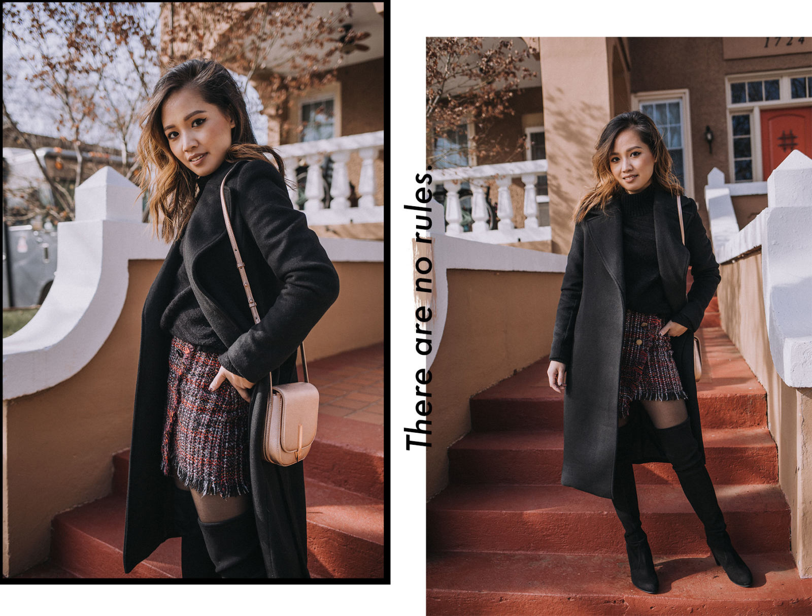 Your Ultimate Guide to Blogging 2018 Edition - Chic Winter Outfit in a turtleneck sweater, mini skirt, and stuart weitzman boots | le-jolie.com | Black top coat, feminine style, winter fashion, winter outfits, winter look, tweed skirt, tweed mini, bershka, karen walker, metallic trend, metallic handbag, over the knee boots, otk boots, minimal style, asian blogger, influencer style, turtleneck sweater outfit, black turtleneck, fashion collage, blogger collage, fashion layout, best blogging tips, fashion industry, blogging industry, how to become a blogger, photography tips